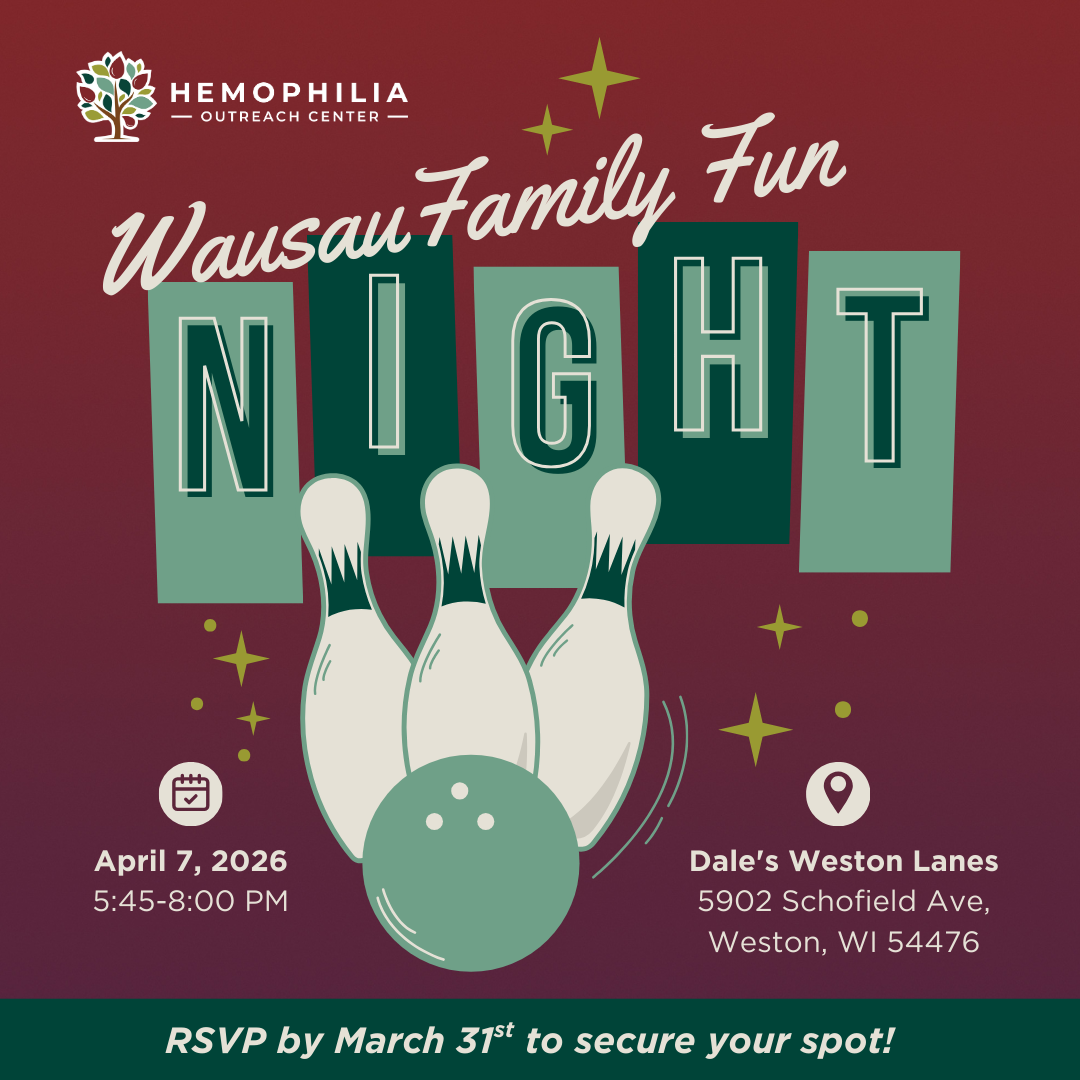 Red graphic for Wausau Family Fun Night. Includes bowling pins and bowling ball